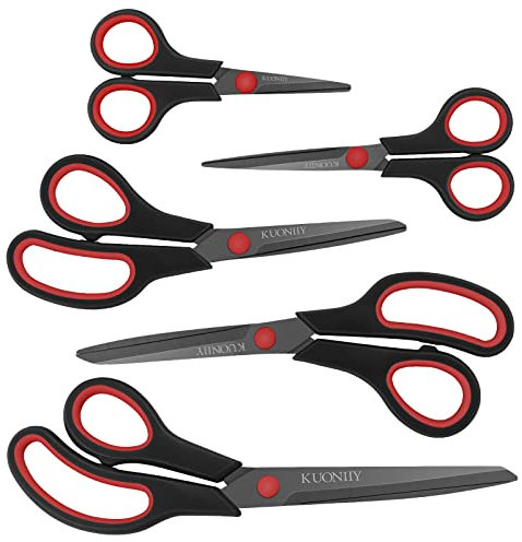 KUONIIY Scissors Ultra Sharp Blades Soft Comfort-Grip Handles Multi-Purpose Scissors Set of 5, BlackRed