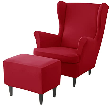 JHLD Stretch Husse für Ohrensessel Mit Ottomane Schonbezug | Spandex 3 Teilig Ohrensessel Überzug Mit Hockerbezug rot Mit elastischem Boden für Wohnzimmer Schlafzimmer