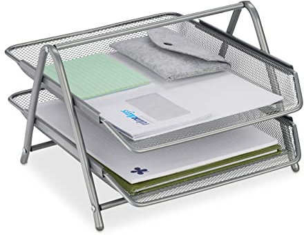 Relaxdays Dokumentenablage, 2 Fächer, Büroablage Metall, HxBxT: 20,5 x 30 x 35,5 cm, Mesh-Stil, Briefablage, Silber