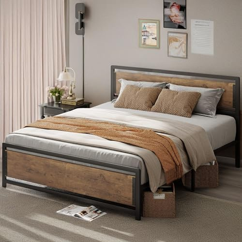 Gizoon Queen Size Bed Frame, Metal Platform Bed Frame with Headboard, Bedroom Furniture with 15 Heavy Iron Slats Support, Large Under-Bed Storage, No Noise, No Box Spring Needed, Easy Assembly, Retro