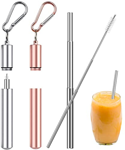 Lot de 2 Acier Inoxydable Paille Telescopique, Pailles Télescopiques Pliables Réutilisables, Comprend Porte-Clés & Brosses de Nettoyage, Facile à Nettoyer & Transporter
