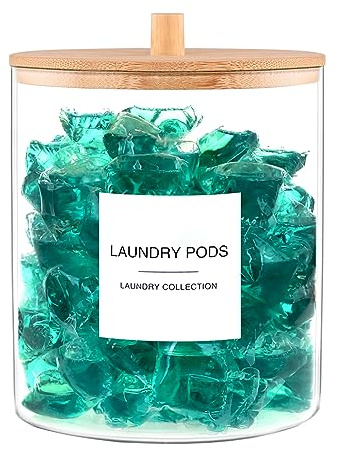TIPGO Glass Jars for Laundry Room Organization, Laundry Pods Container with 27 Labels, Detergent Holder with Bamboo Lid, Cute Storage Jars (Set of 1)