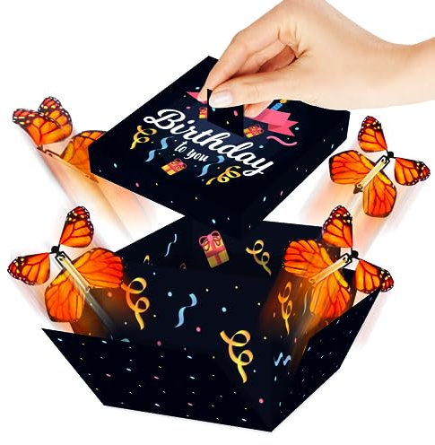 FETTIPOP Schmetterlings Explosion Geschenkbox Happy Birthday (Schwarz), 18,5x14x11 cm, Überraschung Geld Geschenkverpackung