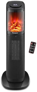 BEPER P203TER010 Termoventilatore ceramico a colonna, 2000w, Pannello di controllo touch, Fiamma LED, Telecomando incluso, Nero