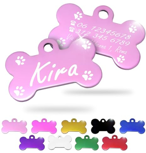 Ibera gifts - Medaglietta Cane Personalizzata, Targhetta Cane con Incisione in Alluminio Lucido a Forma di Osso, Perfetta per Animali di Piccola e Media Taglia, medaglietta cane (Zampe, Rosa)