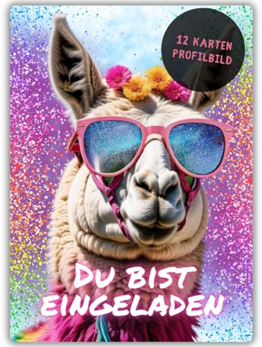 celebr8te 12x Party Lama Glitzer Einladungskarten - Für den Kindergeburtstag von Mädchen - Lustige Alpaka Geburtstagseinladungen inkl. Messenger Bild & Urlaubsgutschein