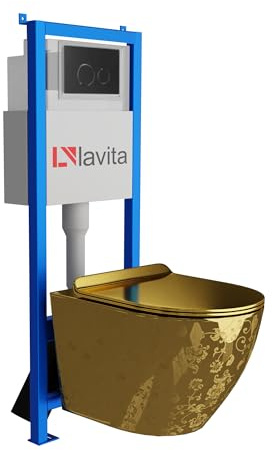 lavita Lavita LAV 101 elemento de pared para inodoro 40 cm + inodoro suspendido suspendido SOFI SLIM GOLDEN EYE sin borde + panel de control LAV 200.4.4 negro | Conjunto completo | Cisterna empotrada