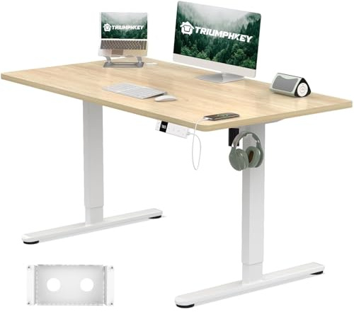 TRIUMPHKEY Höhenverstellbarer Schreibtisch 120x80cm mit Typ-C Ladeanschluss, Schreibtisch Höhenverstellbarer mit Kabel Management Tray, Standing Desk mit 3 Memory Funktion Weiß, Beige