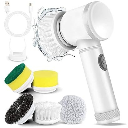 Alpex© Cepillo De Limpieza Electrico | Escoba Giratoria para Hogar | Incluye 5 Accesorios Reemplazables | Recargable | Cleaning Brush para Baño/Cocina/Coche