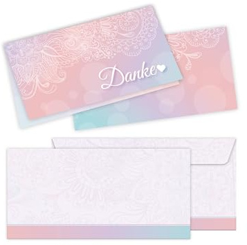 25 Dankeskarten mit 25 Kuverts für Hochzeit, Standesamt, Geburtstag, Konfirmation, Kommunion, Taufe, Geburtstag, Jubiläum. Klappkarten 21 x 10,5 cm. Design mit elegantem Ornament und Herz rosa blau