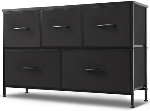 DUMOS Kommode mit Schubladen - Kommoden & Sideboards für Schlafzimmer Geeignet, Komodenschrank mit 5 Schubladen, Stoffkommode mit Stabilem Stahlrahmen, Ideal für Schlafzimmer, Wohnzimmer (Schwarz)