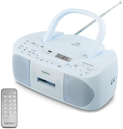 MEDION E65010 Stereoradio (CD-Player, Kassette, USB Anschluss, AUX Audioeingang, MP3-Widergabe. UKW PLL Radio,40 Senderspeicher, Batteriebetrieb, Fernbedienung) blau