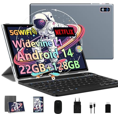 Nouvelle 2026 Tablette 10 Pouces Android 14 avec 22Go RAM+128Go ROM(TF/2To),Tablette Tactile avec 5G+2.4G WiFi, Octa-Core 2.0Ghz, 8000mAh, GMS, Widevine L1,BT5.0,Tablettes avec Clavier Souris - Gris