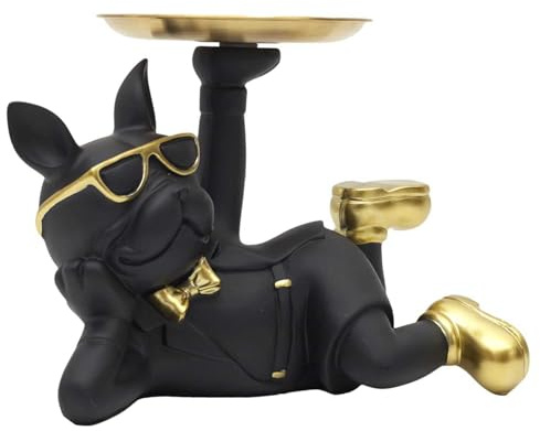 HOME DECO FACTORY, HD0156 - Estatua Bulldog Negro con Bolsillo vacío, Elegante Objeto Decorativo de Resina, práctico Recipiente para Llaves y Joyas, diseño Moderno, Talla única, Negro y Dorado
