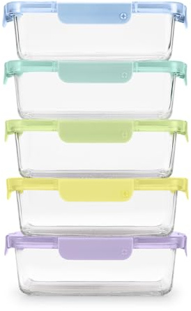 Ello Color Lock 5 Cup 10PC, 5 Pack Glass Meal Prep Sets Leak-Proof Glass Food Storage Containers with Airtight BPA-Free Plastic Lids, Dishwasher, Microwave, and Freezer Safe, Purple Rain