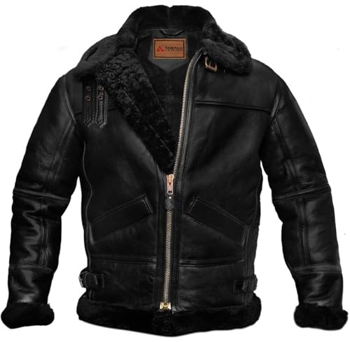 Mens Shearling Bomber Jacket Genuine Sheepskin Leather YKK Zipper Winter Aviator Coat (US, Alpha, 3X-Large, Regular, Regular, BLACK)