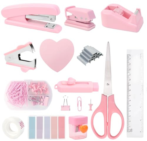 KXVXXV Ensemble d'accessoires de bureau rose avec perforatrice, ciseaux, dérouleur de ruban adhésif, agrafeuse, gomme, clip, notes adhésives