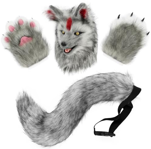 hbbhml Neuheit Maske Kunstfell Schwanz Kralle Handschuhe Halloween Party Dress Up Wolf Hund Tier Kopf Masken Anzug
