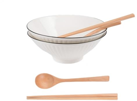 2 Set Tableware Ramen Bowl Ceramic - Porcelain Noodles Bowls Dinner Sets for Pasta Soup Pho Mixing Salad Dishes Snack Cereal Food with Spoons Chopsticks Kit 1150 Ml for New Home House Gifts (B)