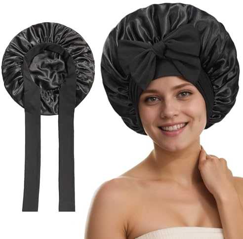 Seidenhaube zum Schlafen，Schlafmütze Damen, Schlafhaube Seide，atmungsaktive verstellbare Schlafhaube mit Gummiband zur Befestigung, Seidennachtmütze für lockiges Haar,essentielle Haarpflege，schwarz