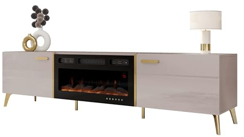Mirjan24 TV Lowboard Picru 2D EF mit Elektrischem Kamin, 2 Klapptüren, Fernsehschrank, Fernsehtisch, Unterschrank, Realistische LED-Flamme, TV-Bank (Cashmere/Cashmere Hochglanz + Gold)