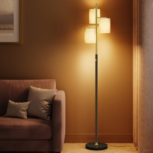 VASAGLE Lampadaire sur Pied Salon, Lampe sur Pied, avec 3 Ampoules, Intensité Réglable, Abat-Jour en Tissu, Style Moderne, 3 Douilles E27, Doré et Noir LFL003B02