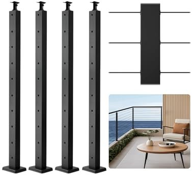 VEVOR 4-Pack Cable Railing Post, 36x1x2 in Horizontal-Hole Deck Railing Post with Pre-Drilled Holes, Stainless Steel Cable Rail Post with Horizontal and Curved Bracket, Black, 4JZLGZXHS914UUOI6001V0