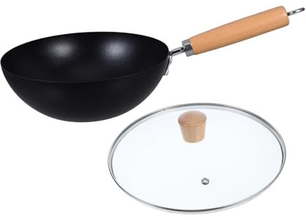 Cabilock Wokpfanne Mit Deckel Kleine Unbeschichtete Bratpfanne Haushaltsküche Wok-bratpfanne Holzgriff Kochgeschirr Für Induktionsherd Eierbratpfanne Für Zuhause