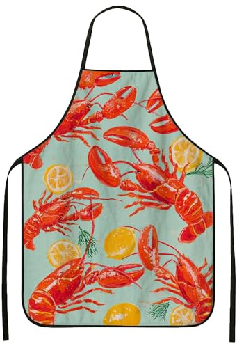 Delantal con estampado de langosta para cocinar, vibrante patrón de mariscos marinos, delantal de cocina para adultos, delantal culinario de barbacoa costera de verano para asar y entretener, 1 unidad