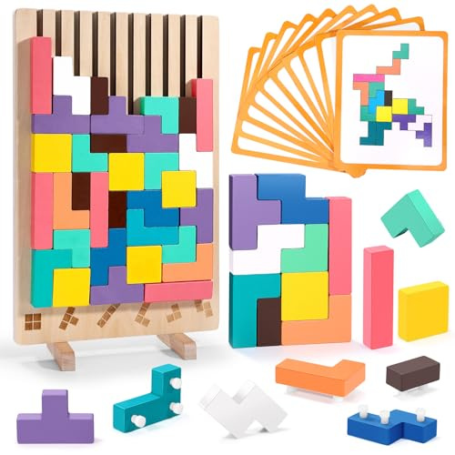 Cofvetia Tetris Holzspiel, Montessori Spielzeug Sensorik Bausteine Puzzle Stapelspiel mit 42 Steinen und 10 Herausforderungskarten Bunte, Geometrische Blöcke, Geschenk für Kinder Jungen Mädchen