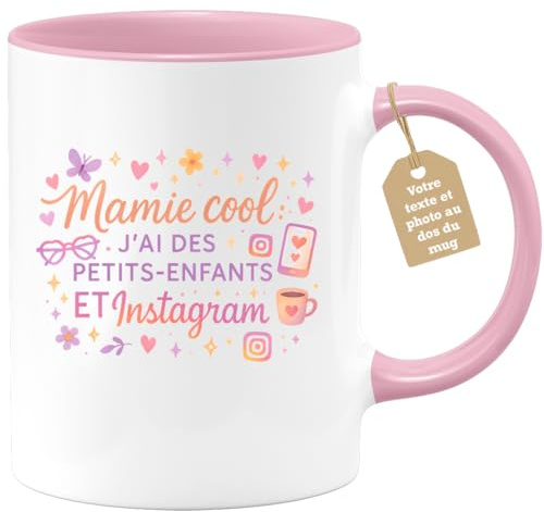 quotedazur Café-Croissant - Mug Personnalisable Texte Photo Tasse Cadeau Noël Mamie Cool J'Ai Des Petits- Enfants Et Instagram - Rose/Céramique