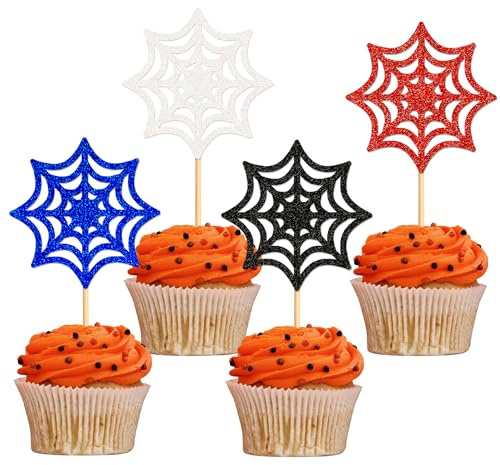24Stk Spinnennetz Kuchen Topper Halloween Spinne Netz Cupcake Topper | Glitter Rot Blau Schwarz weiß Spinnennetz Cupcake Toppers Halloween Babyparty Spiderman Geburtstagskuchen Dekoration