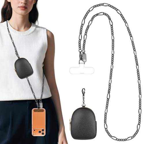 ROCONTRIP Phone Lanyard Crossbody with Pouch Clip and Go Phone Strap Adjustable Metal Chain with Zippered Purse and 2 Tether Tabs for Women（Black）