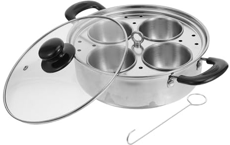 FUNNETOYU Cuociuova a Vapore in Acciaio 4 Tazze con Cestello Smontabile Pentola Compatta per Colazione e Brunch con Coperchio e Manico Vaporiera Professionale Versatile per Uova e Verdure