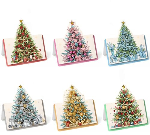 Lebartm Lot de 6 cartes de vœux pliables 3D à faire soi-même - Motif peinture diamant - Cartes de remerciement avec enveloppes blanches - Pour festival, Noël, vacances - Arbre de Noël 02