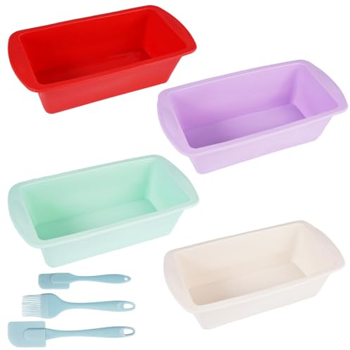 4 stycken rektangulära brödbakformar i silikon, 19,2 x 9,5 x 5,5 cm, non-stick-bakform, silikonbrickform, silikonbakformar med degskrapa och silikonoljeborste för kakor, glass och desserter