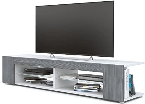 Vladon Lowboard Movie, TV-Kommode mit 4 offenen Fächern und Zierleisten, Weiß matt/Avola-Anthrazit (134 x 29 x 39 cm)