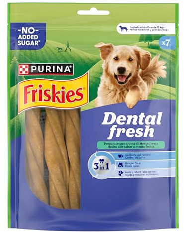 Purina Friskies Dental Fresh, Snack Dental, mal aliento para perro mediano y grande, 6 bolsas de 180g