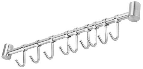 Intirilife Hanging Rail for The Kitchen Made of Stainless Steel with 9 Movable Hooks for Drilling - 49.8 x 3.4 x 2.2 cm - Kitchen Railing Hook Rail Holder Kitchen Utensils Rod Cup Holder Wall Holder