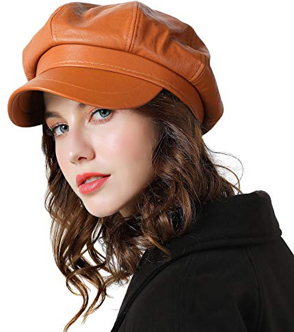 Genfien Casquette classique de couleur unie française pour les femmes Newsboy Cap Beaker Boy Chapeaux en cuir synthétique pour dames, marron, Taille Unique