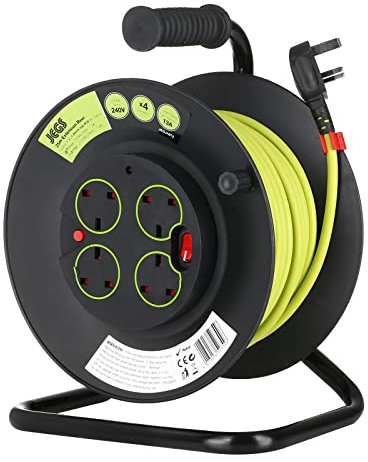 Jegs Four Socket Open Cable Reel Extension Lead with Winding Handle, Thermal Cut Out and Power Switch, 25 Metres High Visibility Green Cable