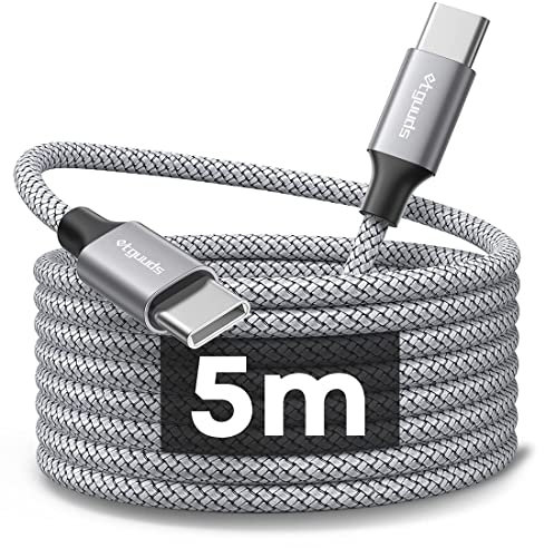 etguuds Extra-Lang USB C auf USB C Kabel 5M, USB zu USB C Ladekabel kompatibel mit iPhone 15 Pro Max, Samsung Galaxy S24 Ultra S23 S22 S21 A54 A55 A56, Huawei P40 /Mate 60, Pixel 7/8 sw -Grau