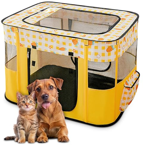 ALLSOPETS Recinto per Cani da Interno Pieghevole, Anche per Esterno, Box Traspirante Portatile per Gatti Conigli Cuccioli con Borsa da Trasporto, per Viaggi e Campeggio (Carote Gialle, M)