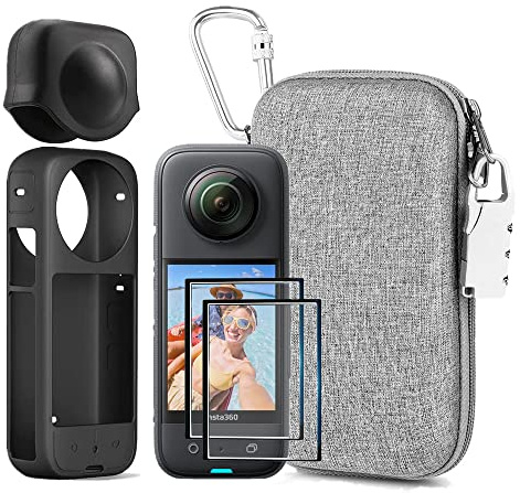 LEWOTE Kit di Accessori 7in1 Compatibile con Insta360 X3 [Custodia in Silicone per Fotocamera e Copriobiettivo] [2 Pellicole Protettive] [Custodia per il Trasporto Esterna con Moschettone]