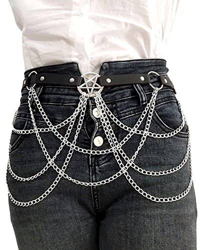 Vepoty Damengürtel mit Metallkette, Punk-Gothic-PU-Leder-Taillengürtel, modischer Verstellbarer Kettengürtel für Kleid