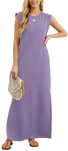 GRECERELLE - Vestido largo sin mangas para mujer, estilo camisero informal de verano, elegante, clásico, con abertura y bolsillos