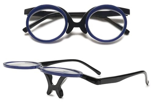 VEVESMUNDO Flip Up Lesebrille Runde Schminkbrille Auf und Bb Klappen Brillen mit klappbaren Glaesern +1.0,+1.5,+2.0,+2.5,+3.0,+3.5,+4.0 (1 Stück Dunkelblau, +2.0)
