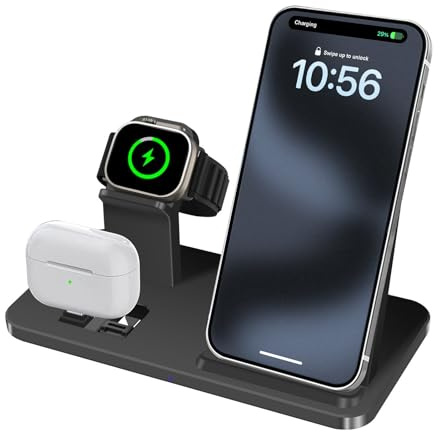 3 in 1 Wireless Charger Charging Station 15W Fast Charge Stand for iPhone 17 16 15 14 13 12 11 Pro Max XS XR 8 Plus,AirPods Pro2/Pro/4/3/2/1,Apple Watch Series 10/Ultra 2/9/8/7/6/SE/5/4/3/2,Black