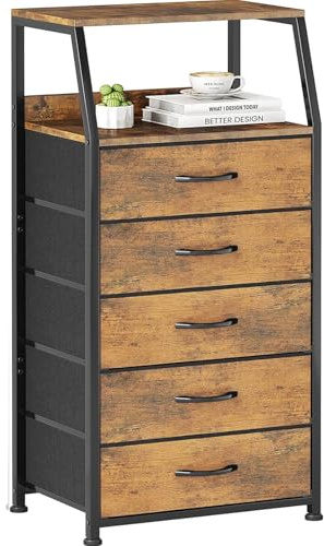 Kommode, Schrank, Aufbewahrungsschrank mit 5 Schubladen aus Stoff, Hoch und Schmal 2-Tier Holzplatte Stoffkommode, Metallrahmen, Industrieller Stil für Schlafzimmer, Wohnzimmer, Flur, Rustikales Braun