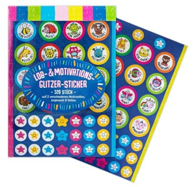 Lob- & Motivations-Glitzer-Sticker, LEHRERSTICKER-BLOCK mit 320 Stück, Glitzernde Sticker mit motivierenden Sprüchen und Illustrationen
